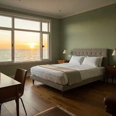 A contemporary bedroom, light and spacious, with minimalist decor.