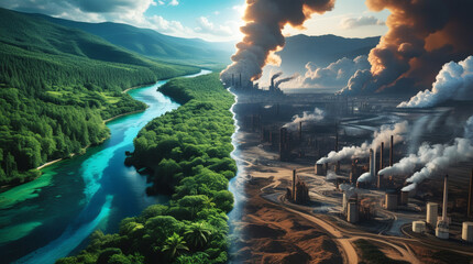Contrast and division between exuberant nature and contaminated industrial landscape, ideal concept for projects on Earth Day