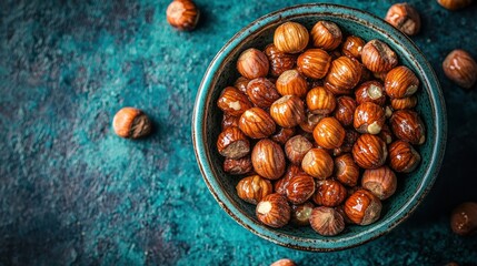 Hazelnuts in teal bowl on textured dark blue background