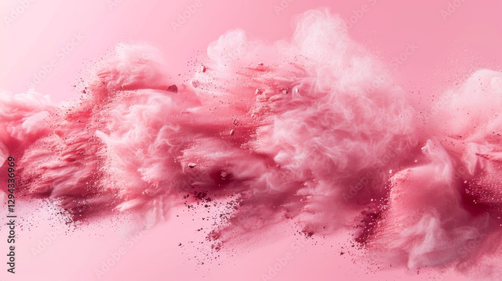 Poster A dynamic cloud of vibrant pink powder explodes against a soft backdrop, creating an eye catching visual effect full of energy and motion. The vivid hues blend artfully.