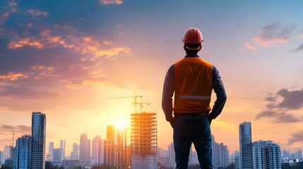 a construction worker is overlooking the city at sunset. He is wearing a safety vest and a helmet, gazing toward the city buildings