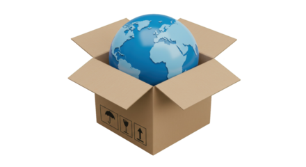 Isolated Earth Globe in Open Cardboard Box