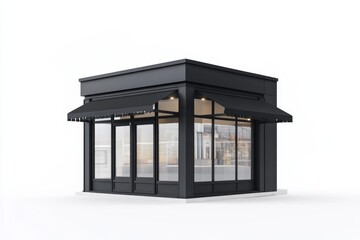 Modern black kiosk storefront, isolated, urban background, mock-up for design