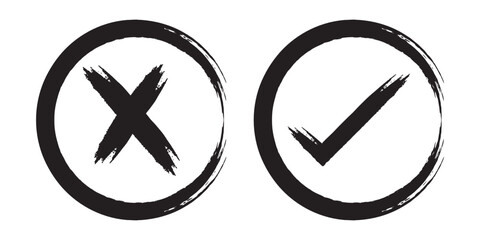 Obraz premium Check marks doodle set. Voting elements. Yes or no signs and square, rectangular or round checkbox for handdrawn choice. Green and red charcoal pencil correct or incorrect symbols. Vector illustration