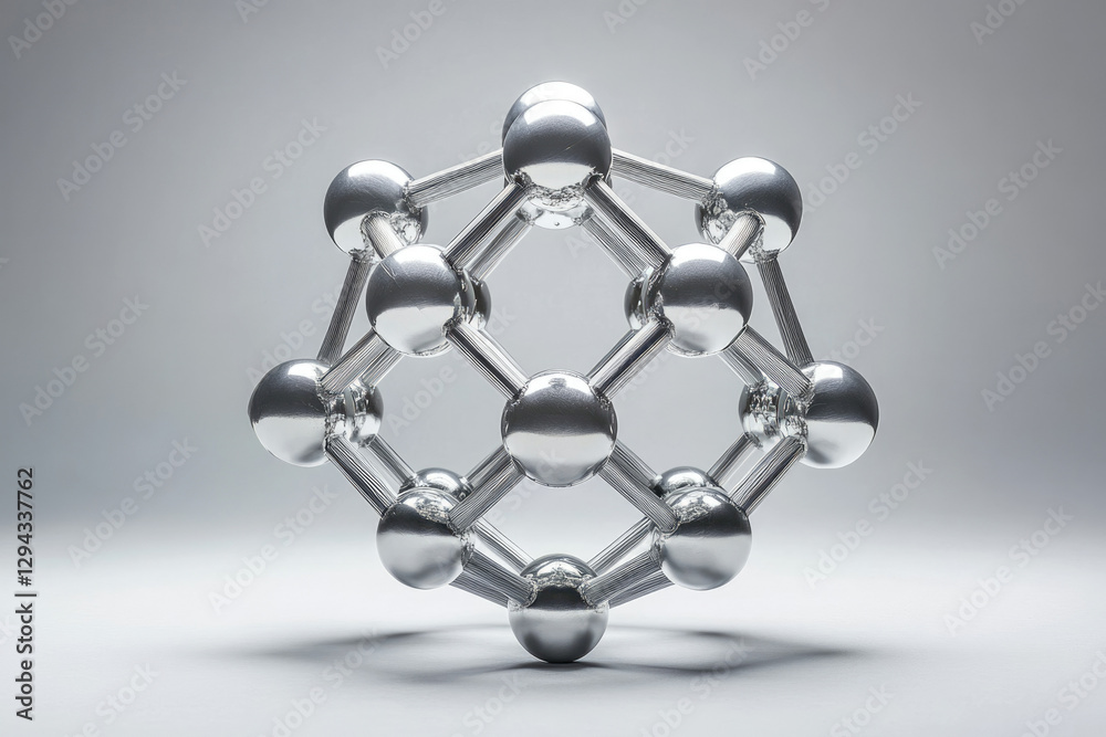 Poster a 3d model of a metallic molecule, showcasing interconnected spheres and rods, representing atomic b