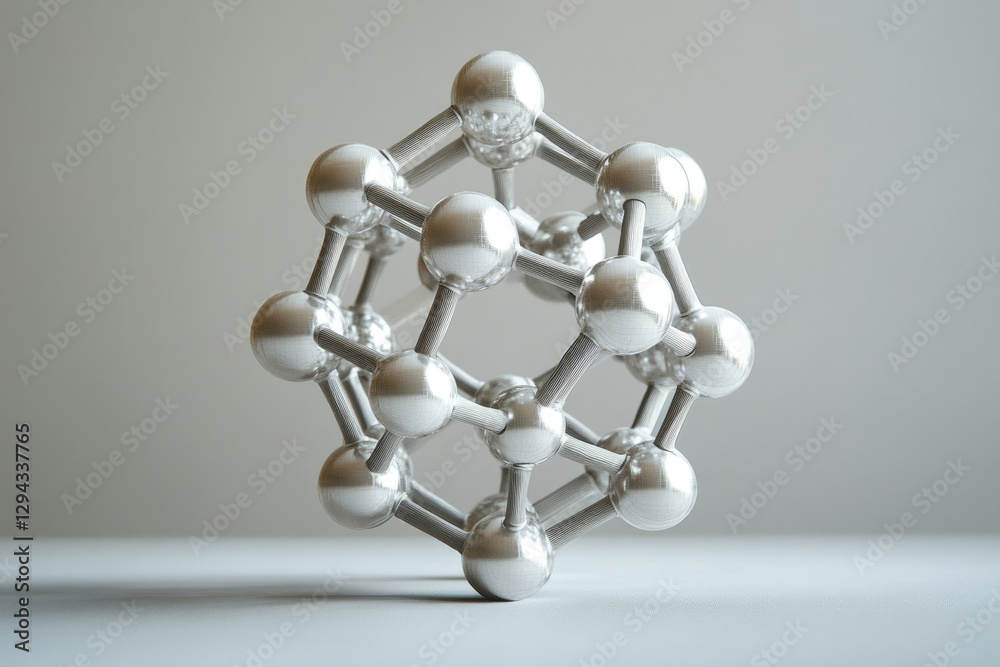 Poster a 3d model of a metallic molecule, showcasing interconnected spheres and cylinders, representing ato