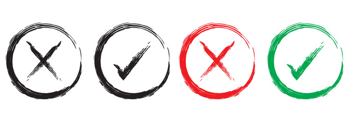 check mark, tick mark, and cross brush sign red checkmark and red X icons, buttons for vote, election choice decision, web.
