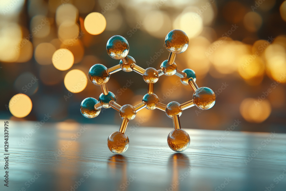 Poster a 3d model of a molecule, likely representing a benzene ring derivative, sits on a dark surface with