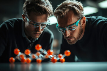 Two scientists in safety glasses meticulously examine a molecular model, engrossed in scientific research.