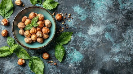 Hazelnuts in Bowl with Fresh Basil on Dark Background