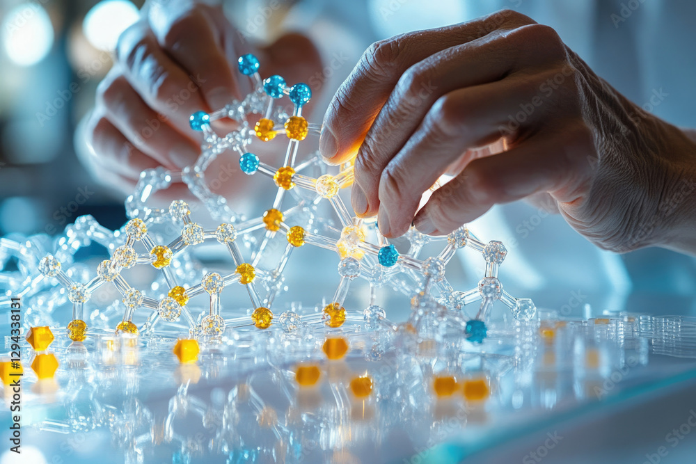 Poster a scientist carefully assembles a molecular model, representing complex chemical structures and scie