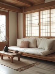 A modern japanese style interior with natural light and furnishings