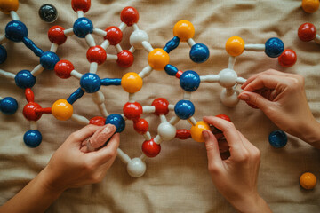 Two hands carefully assemble a colorful molecular model, representing complex scientific structures.