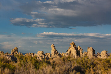 Afternoon sunset over rock formations in Mono Lake, California.