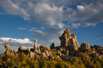 Afternoon sunset over rock formations in Mono Lake, California.