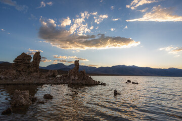 A brilliant sunset over rock formations in Mono Lake, California.