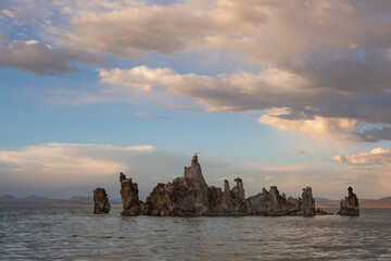 A brilliant sunset over rock formations in Mono Lake, California.