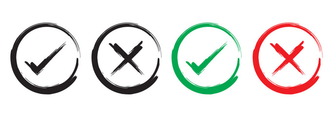 check mark, tick mark, and cross brush sign red checkmark and red X icons, buttons for vote, election choice decision, web.