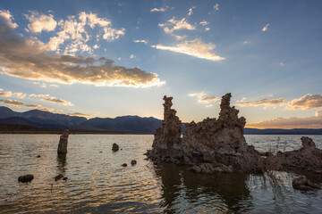 A brilliant sunset over rock formations in Mono Lake, California.