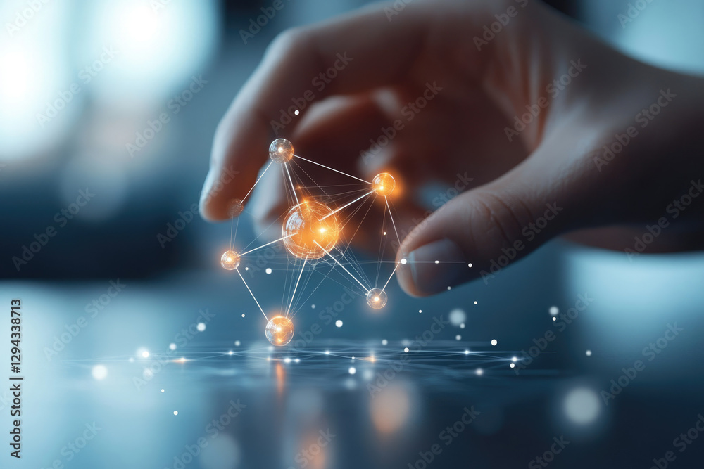 Aufkleber A hand interacts with a glowing network of interconnected nodes, representing digital connectivity and global networking.