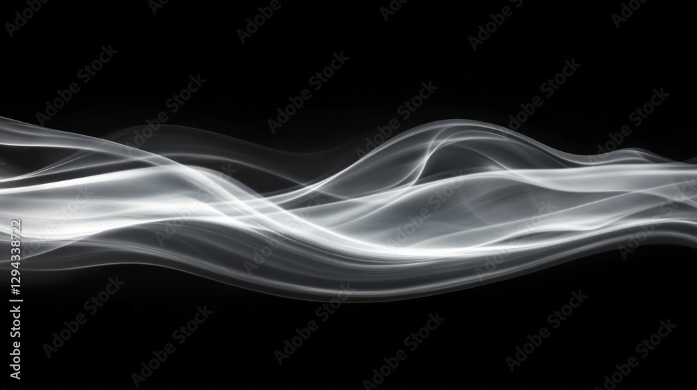 Poster Soft, flowing lines of luminous white create a mesmerizing wave-like pattern, evoking a sense of tranquility and fluidity in the darkness. Each curl suggests movement and grace