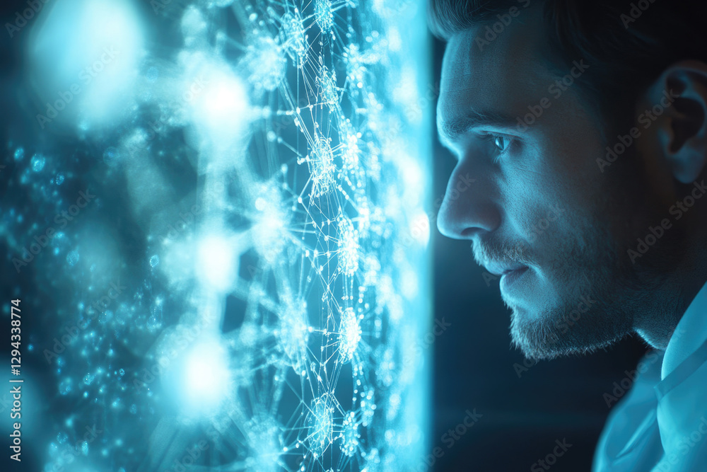 Poster A man intently observes a complex network of interconnected nodes, illuminated in a futuristic blue glow.