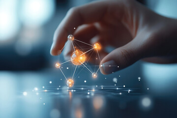 A hand interacts with a glowing network of interconnected nodes, representing digital connectivity and global networking.