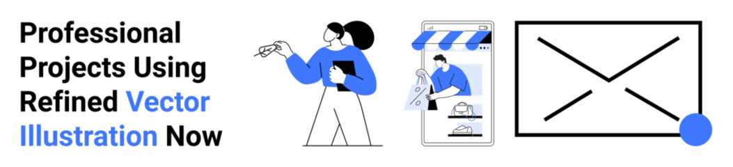 Woman presenting ideas, designer working on storefront page, abstract web layout. Ideal for creativity, teamwork, entrepreneurship, innovation, marketing, e-commerce business strategy flat landing