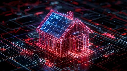 Highly detailed 3D isometric blueprint showcasing the design of an energy positive smart home featuring transparent solar panels AI assisted energy distribution