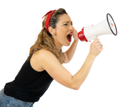 Young woman screaming with megaphone isolated over transparent background. PNG transparent