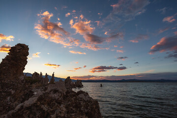 A brilliant sunset over rock formations in Mono Lake, California.