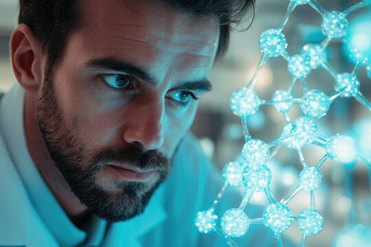 A focused scientist intently examines a molecular model, deeply engrossed in scientific research and discovery.