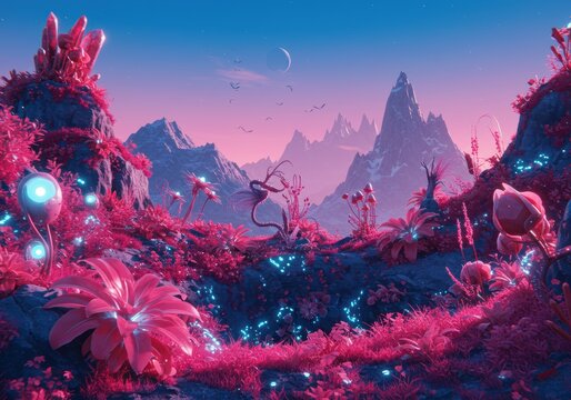 Surreal alien landscape at dusk with vibrant flora and majestic mountains