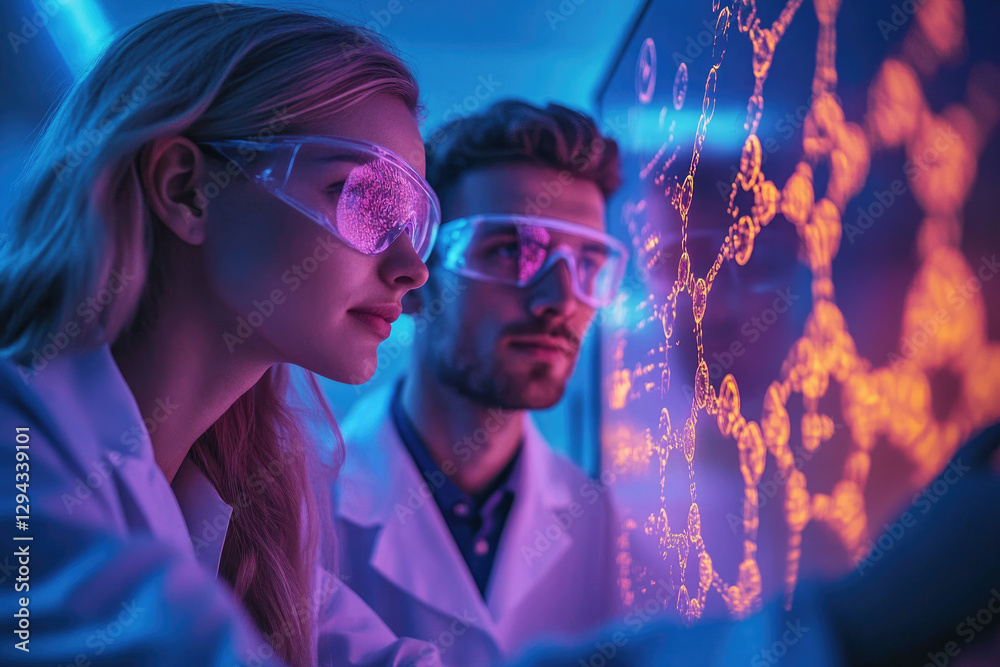 Aufkleber Two scientists in lab coats examine a complex molecular structure displayed on a screen.