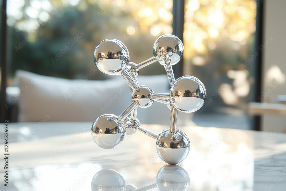 Poster a chrome molecular structure model sits on a marble table, reflecting light and showcasing its intri