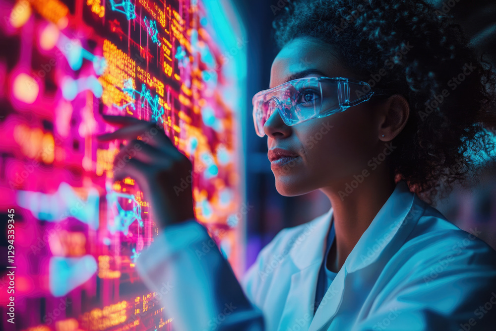 Poster a female scientist interacts with a vibrant, data-rich interactive screen, exploring complex informa
