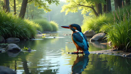 Naturalistic depiction of a kingfisher perched by water in a vibrant wetland ecosystem