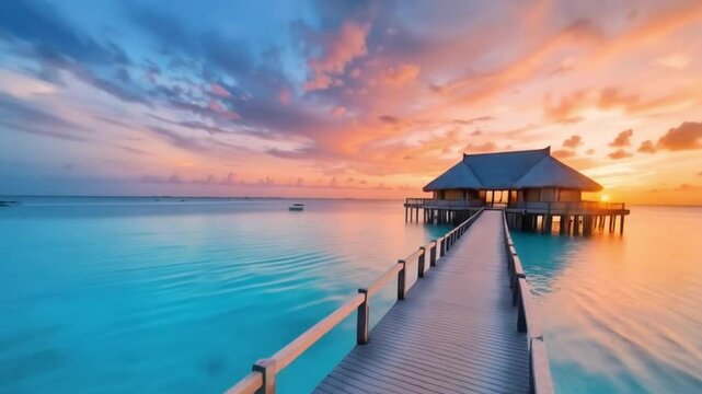 wooden pier stretching into the blue ocean, leading to a beautiful thatched-roof villa, perfect reflection on the water, dramatic sunset, highly realistic photography
