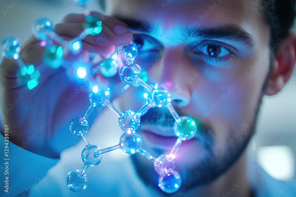 Poster a scientist examines a molecular model, representing breakthroughs in research and development.