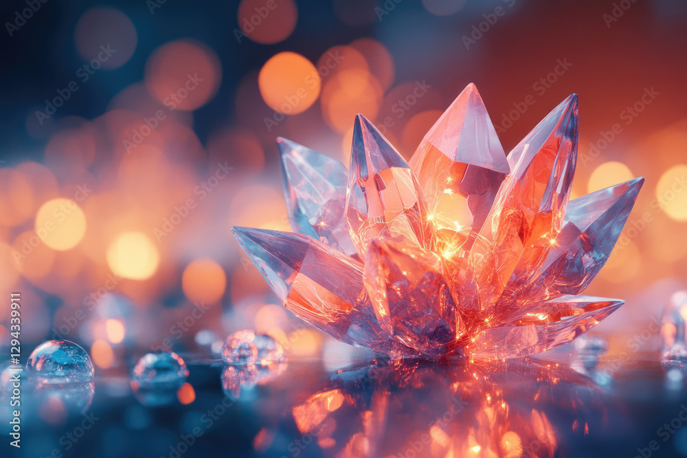 Poster a luminous crystal formation resembling a lotus flower, glowing with an inner light against a bokeh 