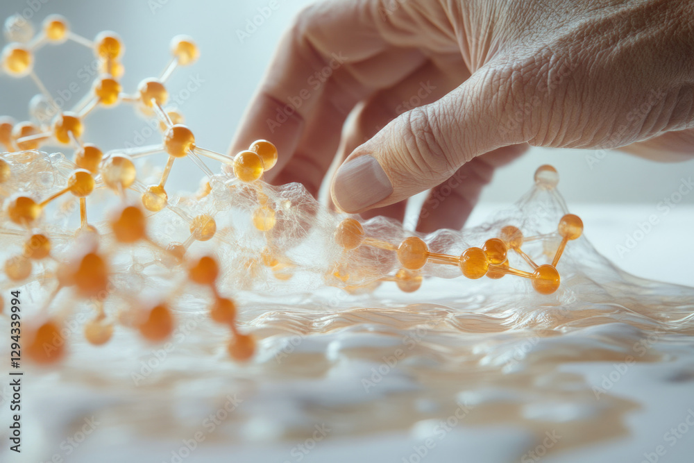 Aufkleber a hand interacts with a 3d model of a molecule, showcasing its intricate structure and connections.