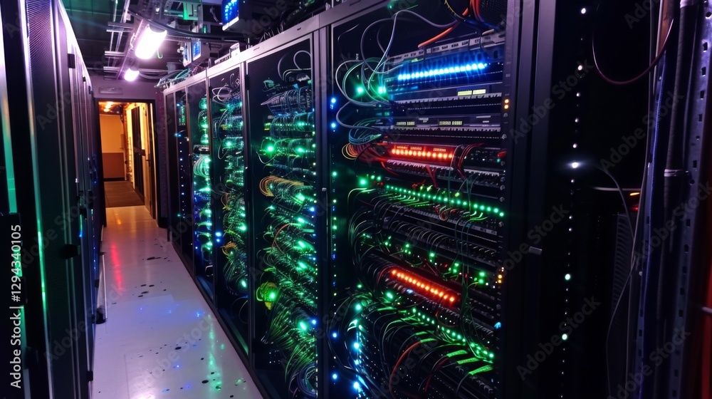 Poster Rows of network servers are illuminated by bright LED lights in a modern data center. This high tech setting highlights the complexity of data infrastructure in operation.