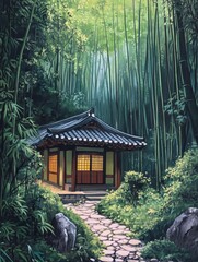Obraz premium The bamboo forest depicts a hidden shrine and pathway scene