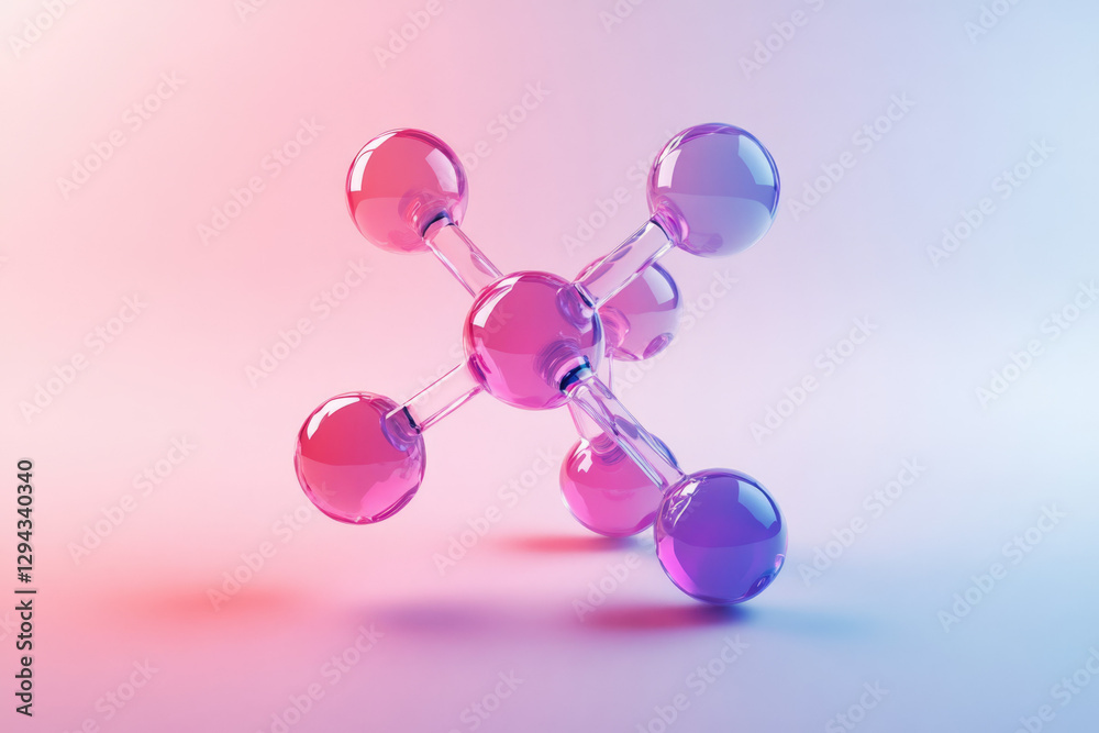Poster a 3d rendering of a molecule model with pink and purple spheres connected by bonds, illustrating ato