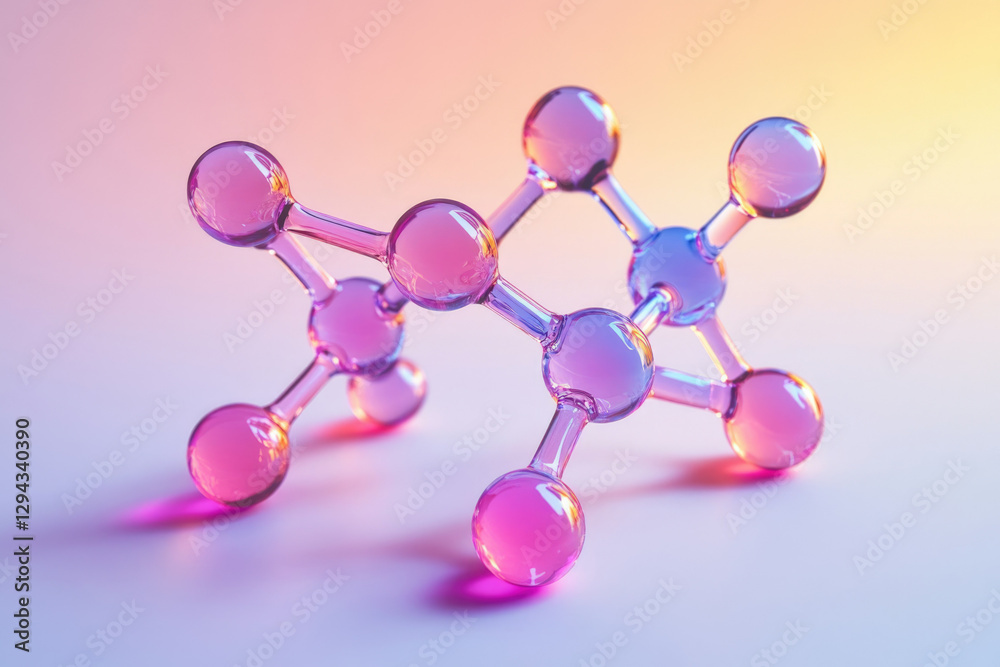 Poster A 3D rendering of a vibrant, translucent molecule structure with interconnected spheres, illustrating complex chemical bonds.