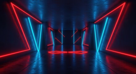 Futuristic neon corridor with red and blue geometric light patterns in dark ambient space