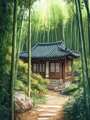 A traditional Korean pavilion in a bamboo forest setting