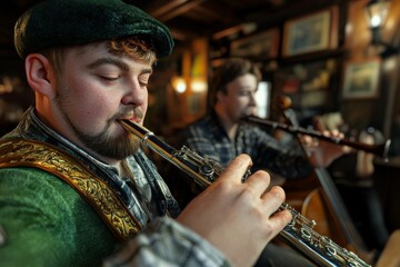 Obraz premium St. Patrick's day celebration featuring music performances in a pub atmosphere