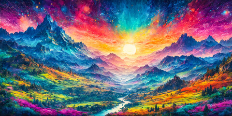 Vibrant Sunrise over a Colorful Mountain Valley.