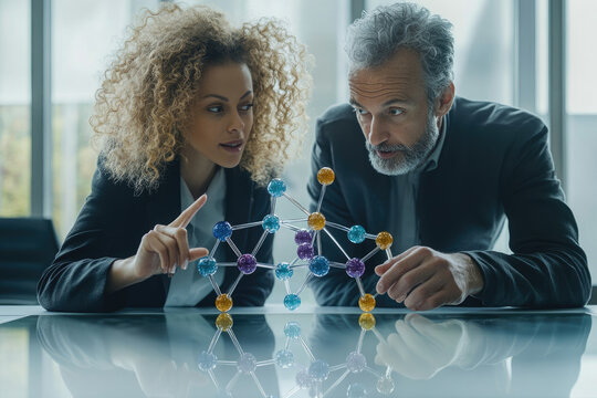 Two scientists collaborate, examining a molecular model, showcasing teamwork and scientific discovery. - Powered by Adobe